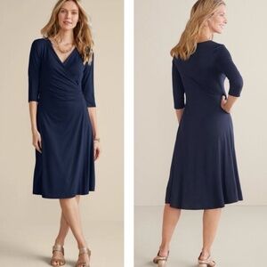 Soft Surroundings Hyannis Wrap Dress Navy Stretchy Shirring Ruching Size…